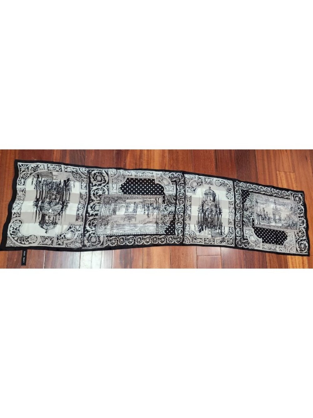 Ellen Tracy 100% Silk Scarf Black White Paris Architecture 58x15 in - Picture 3 of 9